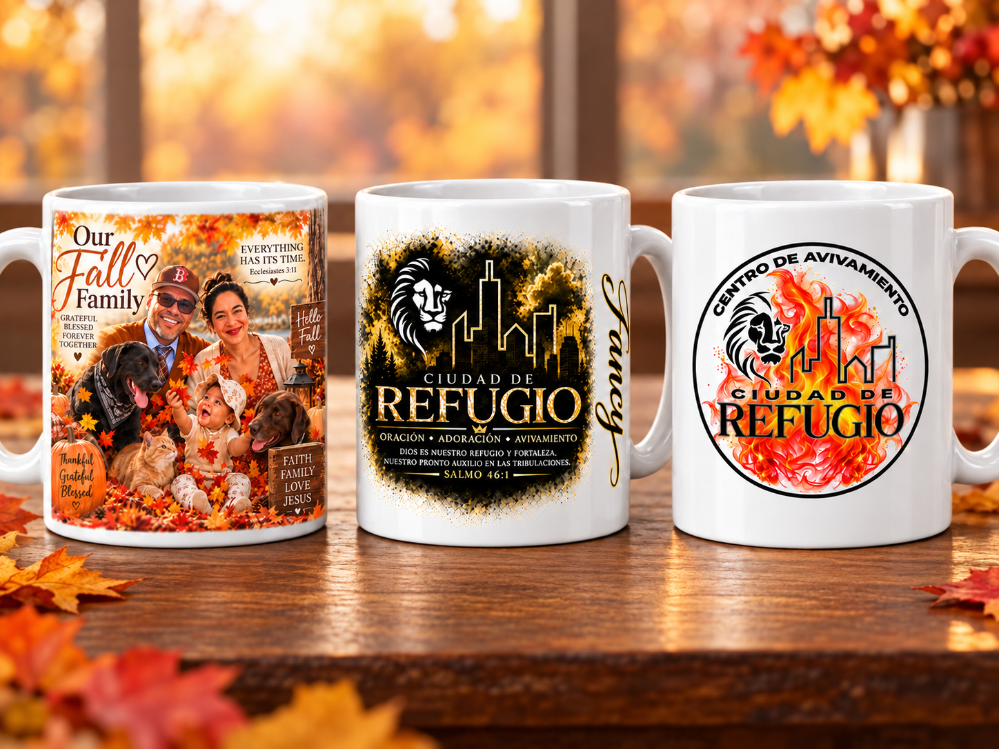 Three custom mug examples featuring a fall family photo and two Ciudad de Refugio designs in an autumn setting