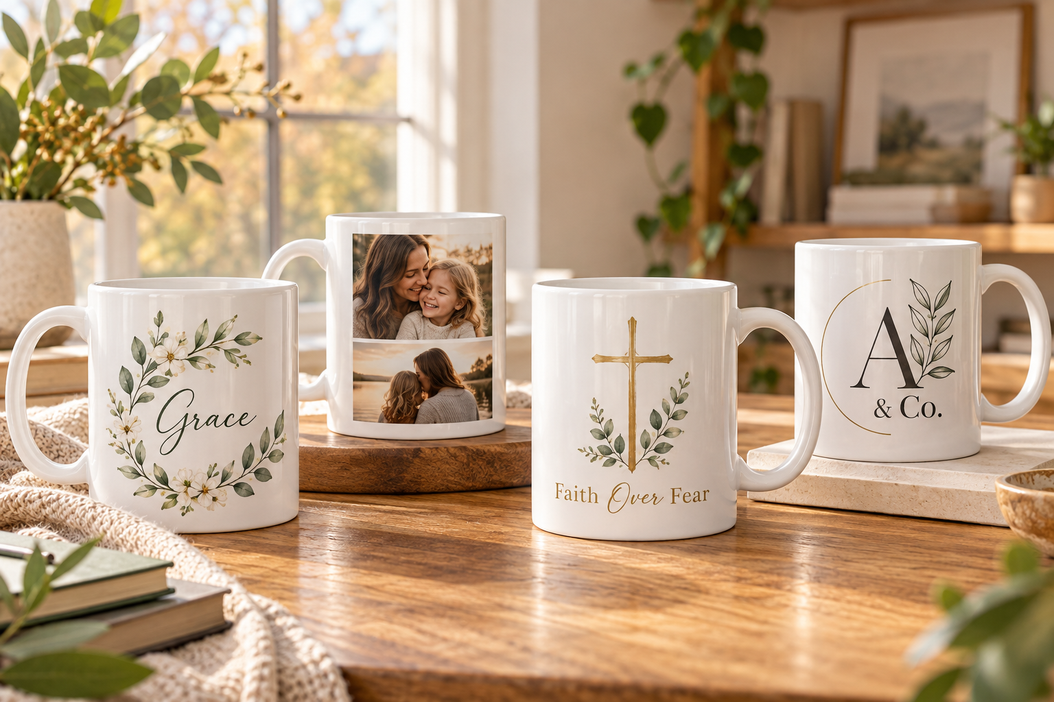 Personalized mug ideas with a name, family photos, a faith design, and a business monogram